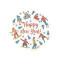 Happy new year. Vector illustration. A set of characters engaged in winter sports and recreation. Royalty Free Stock Photo