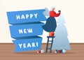 Happy New Year wish banner template. Cartoon woman decorating Christmas tree with baubles, star. Winter season greeting Royalty Free Stock Photo