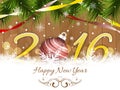 Happy New Year 2016 wishes with bauble, ribbons, snowflakes Royalty Free Stock Photo