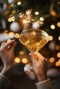 Happy New Year! Woman celebrating with firework light and champagne glass on background of christmas tree and glowing star. Hands