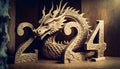 Happy new year 2024 with wood carved numbers in shape of wooden dragon chinese symbol Royalty Free Stock Photo