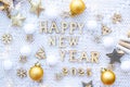 Happy New Year wooden numbers 2025 on cozy festive white knitted background with sequins, stars, lights of garlands. Greetings,