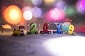 2019 happy new year,wooden toy train carrying numbers and Cristmas tree,covering snow Royalty Free Stock Photo