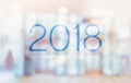 Happy new year 2018 word on blur pale color convention hall office building bokeh background. Royalty Free Stock Photo