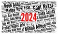 Happy New Year 2024 word cloud in different languages Royalty Free Stock Photo