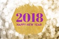 Happy new year 2018 word on gold octagon glitter on gold sparkling bokeh lights background,Holiday greeting card Royalty Free Stock Photo