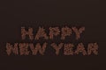 Happy New Year words from chocolate balls on chocolate background