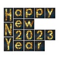 Happy New Year 2023. Words made from rusty iron letters. Isolated on white background. Holidays. Design