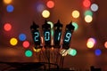 Happy new year is written with a lamp light. Radio electronic lamps. 2019. Original designed congratulation with a