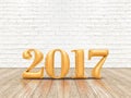 Happy New year 2017 (3d rendering) gold color number on wood plank floor and white brick wall, Holiday greeting card