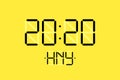 Happy New Year xmas holiday card with digital lcd electronic display clock number 2020 and HNY black letters on yellow