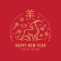 Happy new year , year of the goat with abstract gold line goat zodiac sign and china text mean goat and flower money coin on red