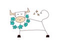 Happy new year 2021. The Year of the Ox. Funny cute kawaii bull. Smiling cow with floral wreath around neck. Vector Royalty Free Stock Photo