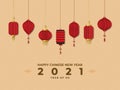 Happy new year 2021: year of OX with Several chinese lanterns hanging from the top. Suitable for graphic, banner, card, flyer and Royalty Free Stock Photo