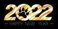 Happy New Year 2022. New yearÃ¢â¬â¢s greeting symbol decorated with tiger skin pattern. Vector illustration isolated on black backgro