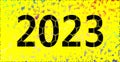 Happy New Year 2023. yellow and black 3D numbers with leaf effect