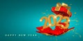 Happy New Year 2023. Yellow 3d numbers 2023 flying from open red box and confetti. Vector illustration