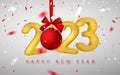 Happy New Year 2023. Yellow numbers 2023 design of greeting card with falling shiny confetti, xmas ball and red bow. Vector