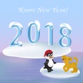 2018 Happy new year! Yellow puppy dog and penguin on an ice floe