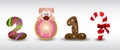 Happy New Year 2019 zodiac pig sign characters with cookie & donut Royalty Free Stock Photo