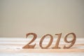 2019 Happy New years with brown wooden number on table and copy space. New Start, Resolution, Goals and Mission Royalty Free Stock Photo