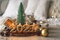 Happy New Years 2021. Christmas background with fir tree, cones and Christmas decorations.