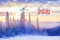 Happy New Years 2020 concept. Airplane with message number 2020