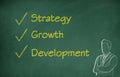 Strategy, Growth, Development goals on chalkboard