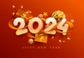 Happy New Years 2024. Greeting card design with 3D numeral, ribbon, gift boxes and christmas decoration. Royalty Free Stock Photo