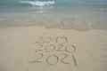  2019, 2020, 2021 handwritten on sandy beach shore