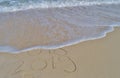 Happy New Years 2018 and 2019 handwritten on sand Royalty Free Stock Photo