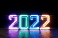 Happy New Years, neon numbers 2022 shine brightly. Festive ultraviolet background, merry christmas. Winter holiday, template,