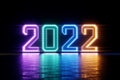 Happy New Years, neon numbers 2022 shine brightly. Festive ultraviolet background. Winter holiday, template, greeting card. 3D