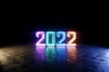 Happy New Years, neon numbers 2022 shine brightly. Festive ultraviolet background. Winter holiday, template, greeting card. 3D