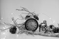 Happy New Years 2019. Winter celebration with alarm clock. Abstract Christmas composition