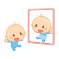 A happy newborn baby is smiling in front of a mirror.