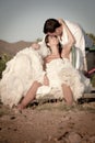 Happy newly wed couple sitting on round about playground Royalty Free Stock Photo