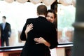 Happy newlywed bride and groom dancing at wedding reception closeup Royalty Free Stock Photo