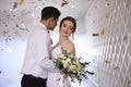 Happy newlywed couple dancing in festive hall Royalty Free Stock Photo