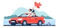 Happy newlywed couple driving convertible on their honeymoon. Man and woman riding in red car on road. Love heart Royalty Free Stock Photo