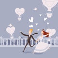 Happy newlywed couple running, vector illustration. Flat style cartoon characters, bride in dress and groom in suit Royalty Free Stock Photo