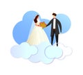 Happy Newlywed Loving Couple Standing on Clouds.