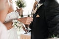 Happy newlyweds couple drink white wedding champagne wine.Decorated crystal glasses.Hands of bride and groom with gold