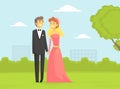 Happy Newlyweds Couple, Romantic Bride and Groom Characters on Summer Natural Landscape Vector Illustration Royalty Free Stock Photo