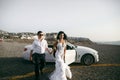 Happy newlyweds near the car Royalty Free Stock Photo