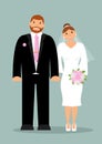 Happy newlyweds: smiling, holding hands smart groom and bride with a cute delicate bouquet of white and pink flowers Royalty Free Stock Photo