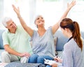 Happy, news and doctor with results for senior woman in rehabilitation for cancer with celebration or hope. Healthy Royalty Free Stock Photo