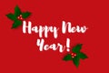 Happy ney year card with white hand lettering on ed background and christmas leaf decoration Royalty Free Stock Photo