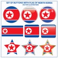 Bright set buttons with flag of North Korea. Banners illustration with flag.