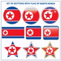 Bright set buttons with flag of North Korea. Banners illustration with flag.